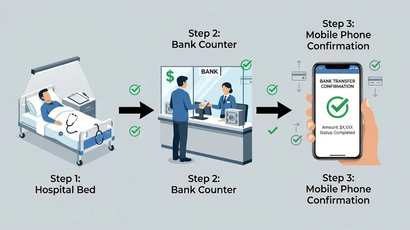 An illustrative flow diagram showing a person at a hospital bed transitioning to a bank counter, then to a bank transfer confirmation on a mobile phone screen