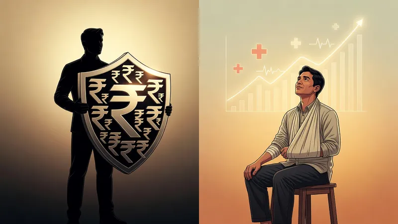 A symbolic split-screen image: on the left, a silhouette figure with a protective shield made of ₹2 lakh symbol; on the right, a figure recovering from injury with medical symbols (bandage, recovery curve)