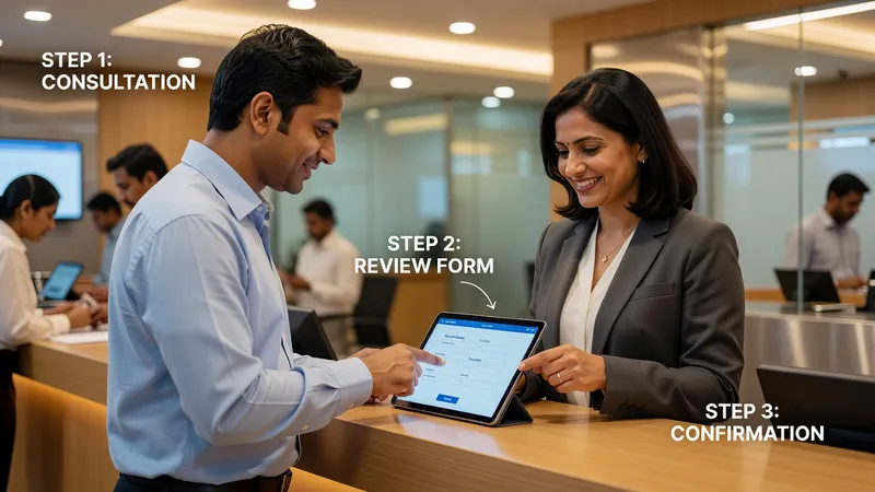 A step-by-step visual showing an Indian male customer at a bank counter speaking with a smiling bank officer (female, in professional attire), both pointing at a tablet screen with a form displayed