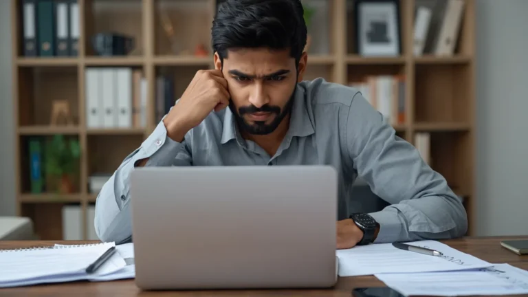 an Indian person calmly reviewing a missed application deadline on a laptop while comparing options on printed papers and a checklist, hopeful and practical mood, organized desk, subtle sense of urgency without panic,