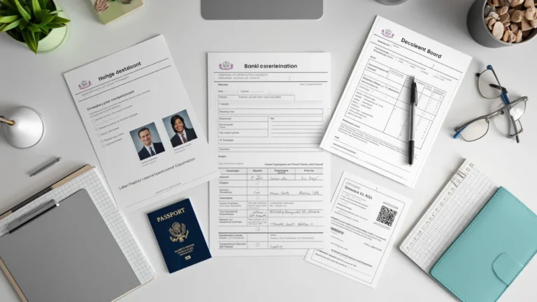 flat-lay style image of neatly arranged government application documents on a clean desk: identity proof, address proof, bank passbook, income certificate, passport photos, pen, folder, and checklist notes, highly organized and professional