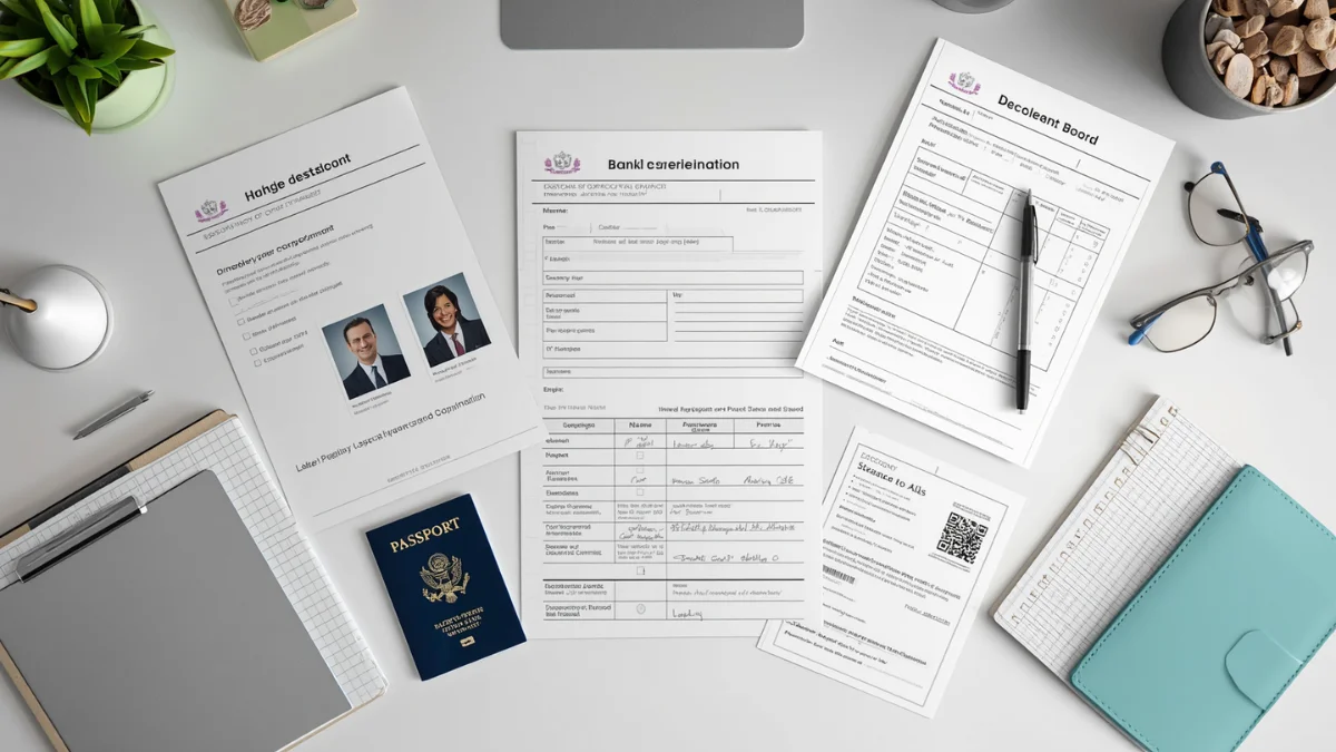 flat-lay style image of neatly arranged government application documents on a clean desk: identity proof, address proof, bank passbook, income certificate, passport photos, pen, folder, and checklist notes, highly organized and professional
