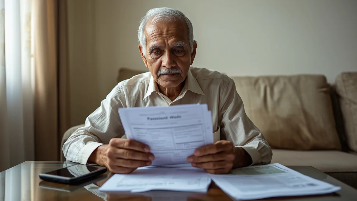 an elderly Indian citizen reviewing pension documents at home, with a bank passbook, mobile phone, and application papers on the table, respectful and dignified mood,