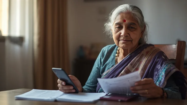 a widowed Indian woman sitting at a table with pension documents, a mobile phone, and a bank passbook, calm and dignified expression, supportive and respectful atmosphere
