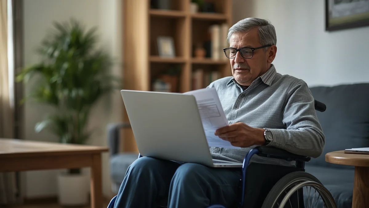 an Indian person with a disability using a wheelchair while reviewing pension application documents on a laptop and clipboard, accessible home or office setting, dignified and empowering mood,