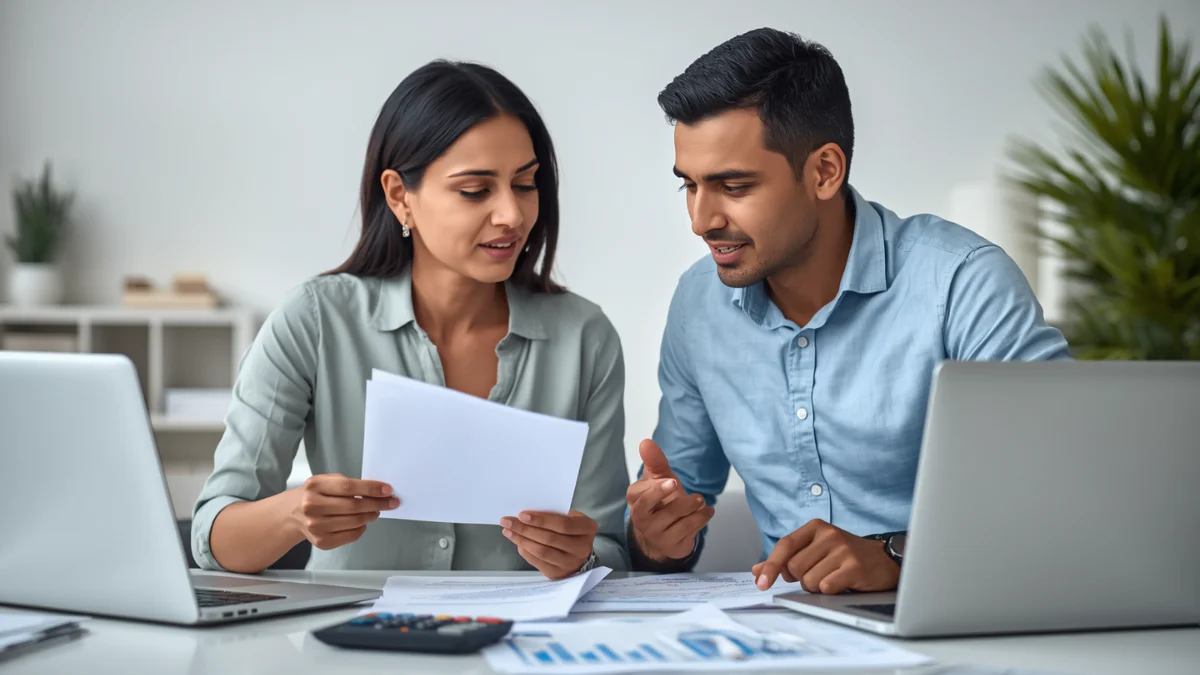 a middle-aged Indian working couple discussing retirement planning at a desk with savings papers, calculator, laptop, and bank documents, secure and forward-looking mood, modern professional home-office setting