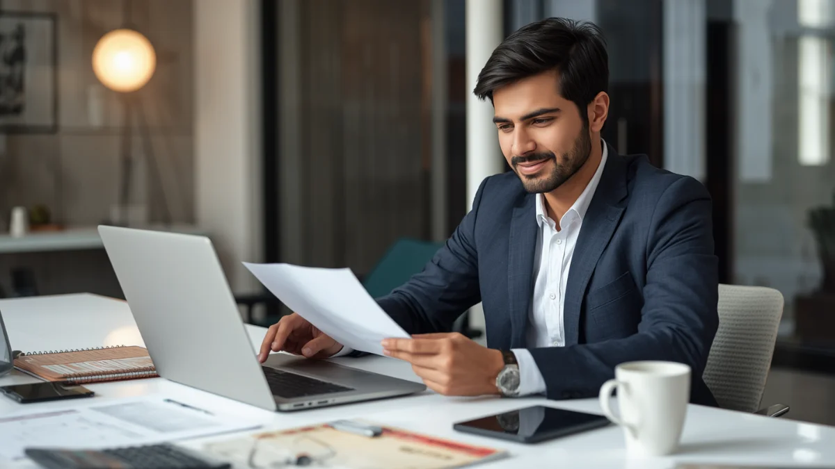 a young Indian professional reviewing retirement savings and tax planning on a laptop at a modern desk, with financial documents, calculator, notebook, and coffee cup, confident and organized mood,