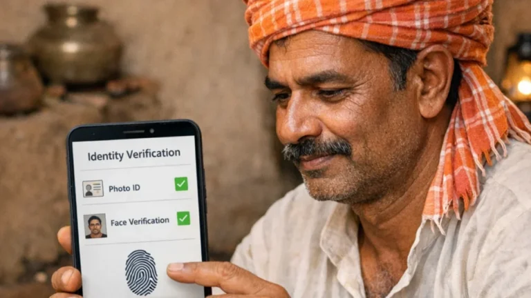 Featured-image concept: An Indian farmer using a smartphone at home, with a generic identity-verification screen; no readable personal details, logos, Aadhaar card, or OTP.