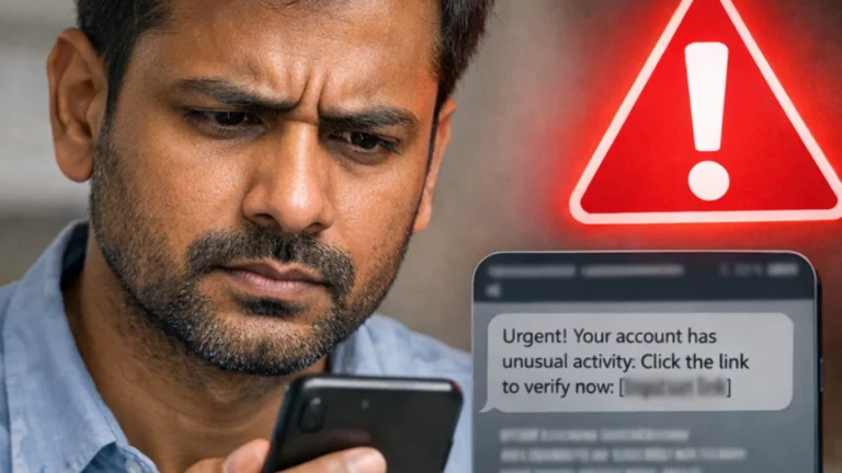 Citizen checking a suspicious government scheme message on a smartphone.