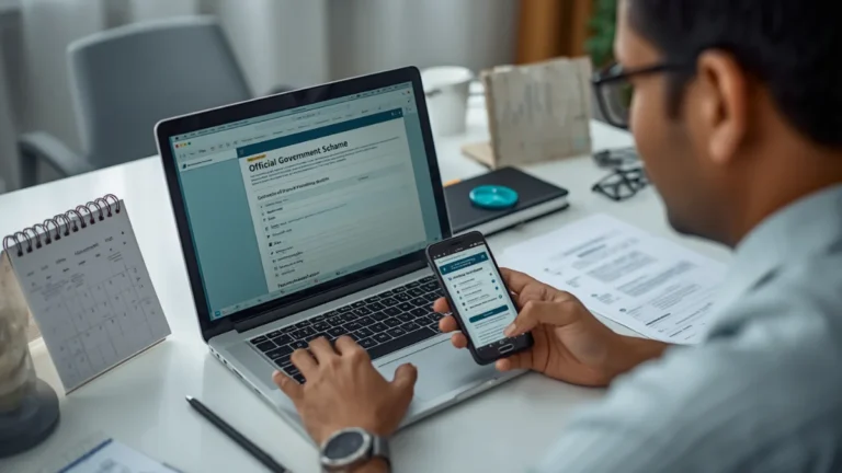 An illustraion of an Indian adult carefully checking official government scheme deadlines on a laptop and smartphone at a tidy desk, with a calendar, pen, checklist, and printed documents nearby