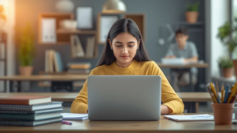 an Indian student using a laptop or tablet at a desk, with scholarship application visuals implied through the environment rather than readable text, books, notebooks, education documents, and a focused academic atmosphere
