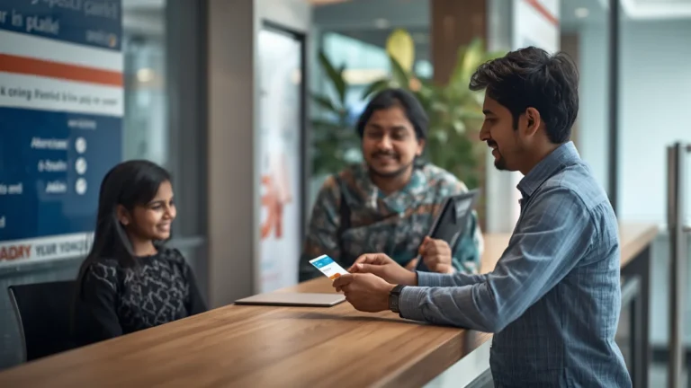 An Indian citizen opening a bank account at a modern bank branch, friendly bank desk interaction, Aadhaar card and debit card implied