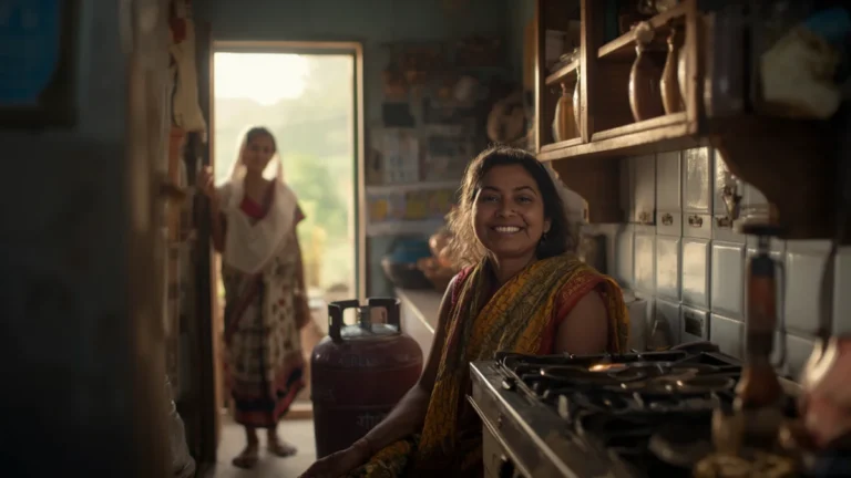 An image of a smiling Indian woman in a modest rural kitchen receiving a new LPG cylinder and stove setup, warm natural morning light coming through the doorway, simple home environment