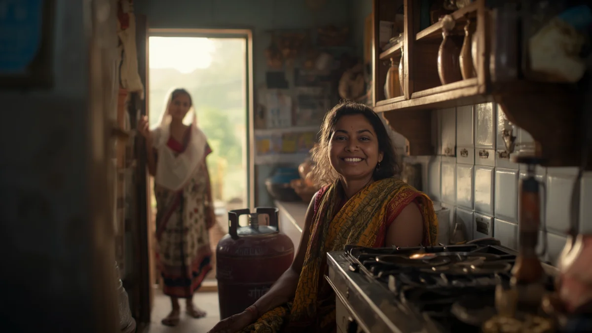 An image of a smiling Indian woman in a modest rural kitchen receiving a new LPG cylinder and stove setup, warm natural morning light coming through the doorway, simple home environment