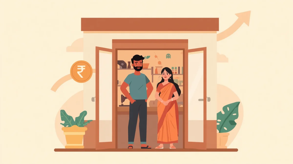 An Indian man and woman standing proudly in front of a small newly-opened workshop or shop,
