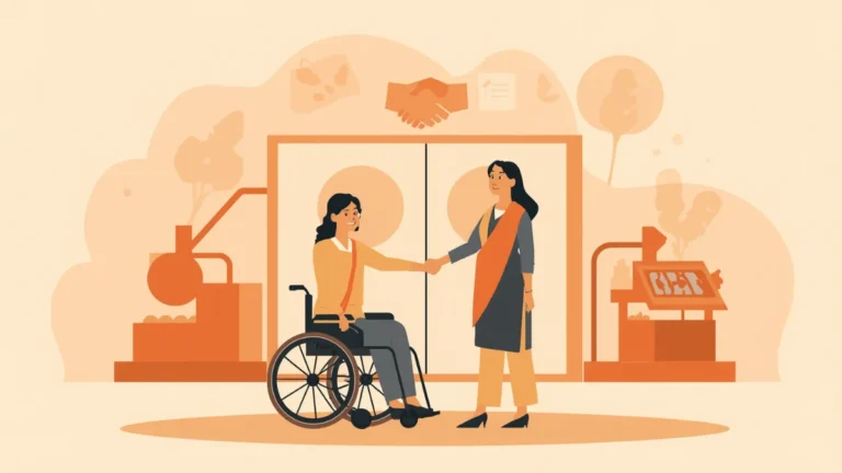 Two Indian women entrepreneurs, one in a wheelchair-accessible or standing pose, standing confidently in front of a small manufacturing unit with visible machinery silhouettes,