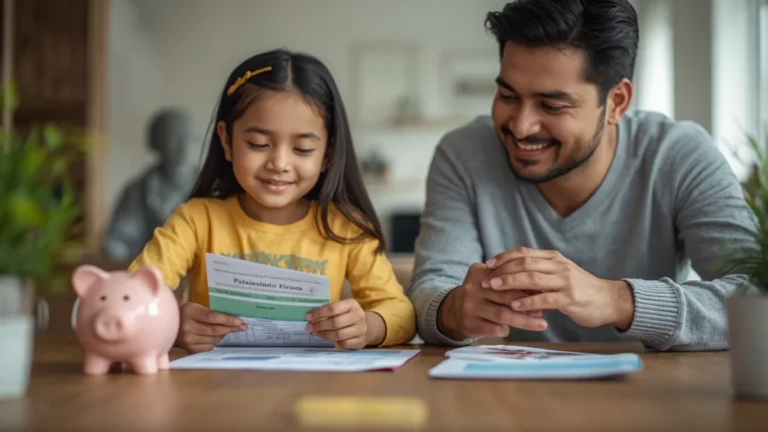 A young girl and her parent or guardian with a savings passbook, piggy bank, coins, and a neat home-table setup,
