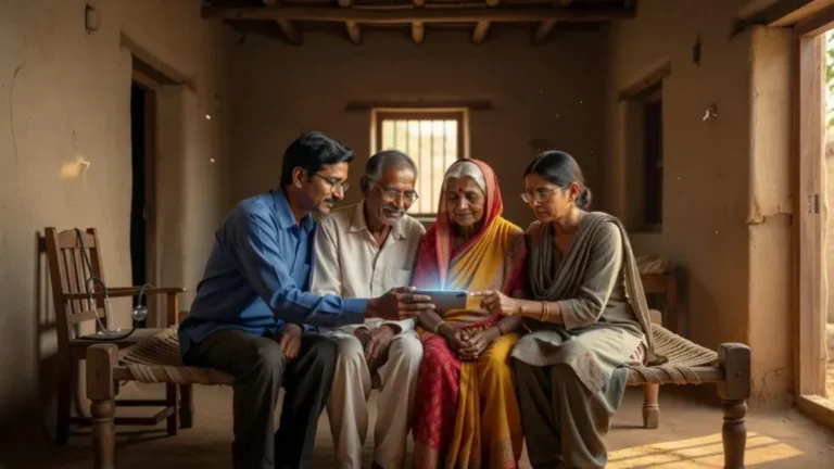 A warm, respectful photo-style illustration of a rural Indian family — an elderly couple and their adult children — sitting together at home looking at a smartphone screen