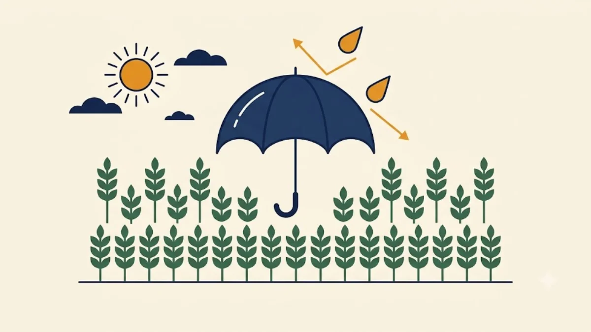 Flat illustration of a shield protecting a wheat field, representing PM Fasal Bima Yojana crop insurance"