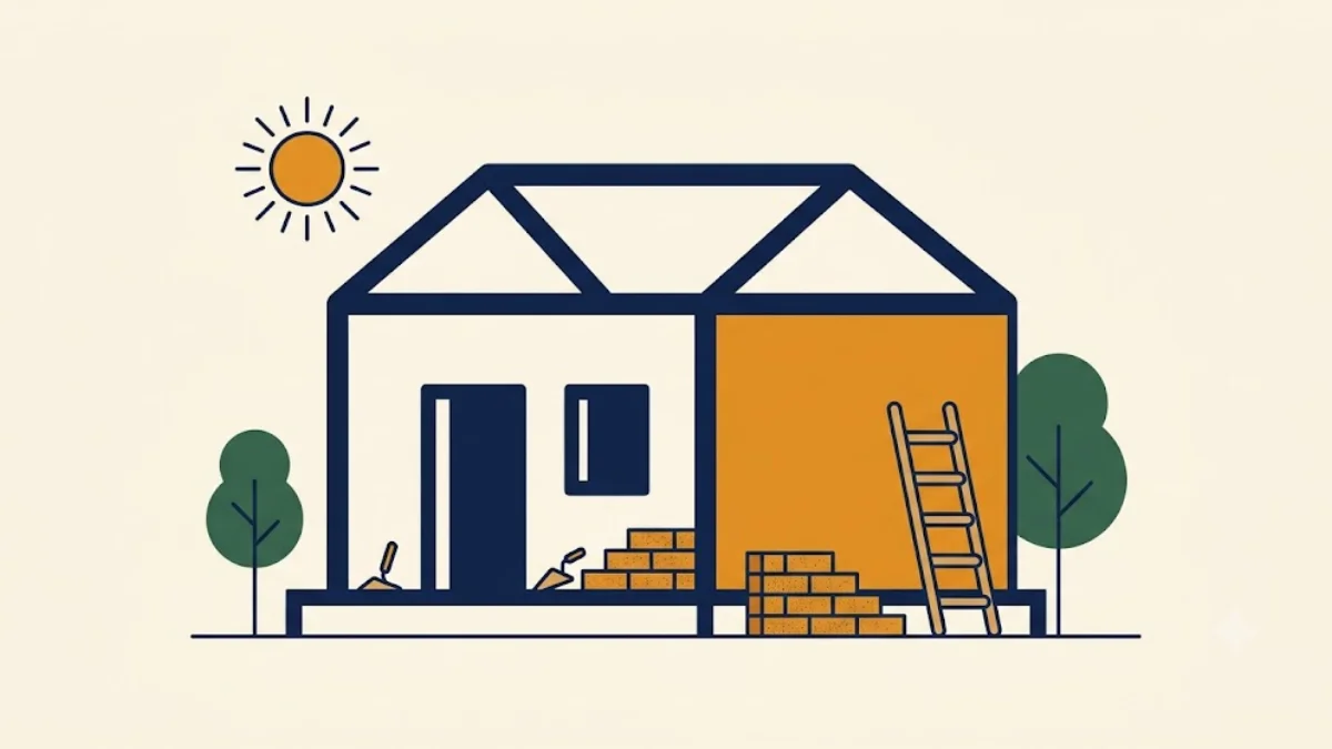Flat illustration of a rural house under construction, representing PM Awas Yojana Gramin housing assistance