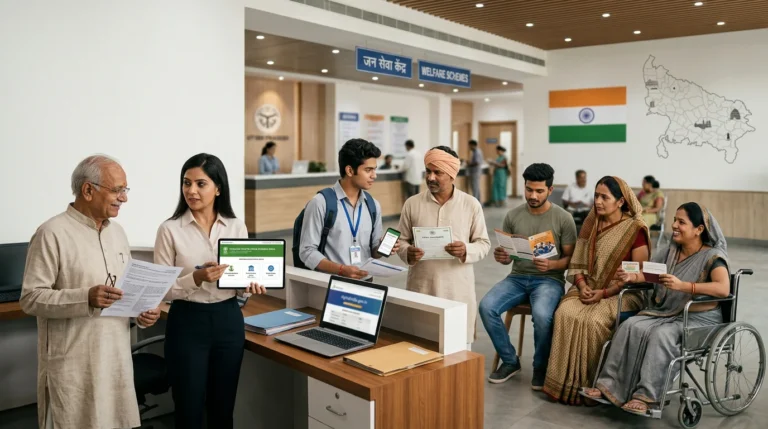 a diverse cross-section of beneficiaries in a professional, welcoming setting with clear visual signals of digital application pathways – laptops, phones, documents, and government portals all naturally integrated.